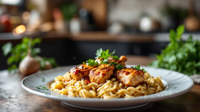 Pollo al ajillo servito con aglio e prezzemolo fresco