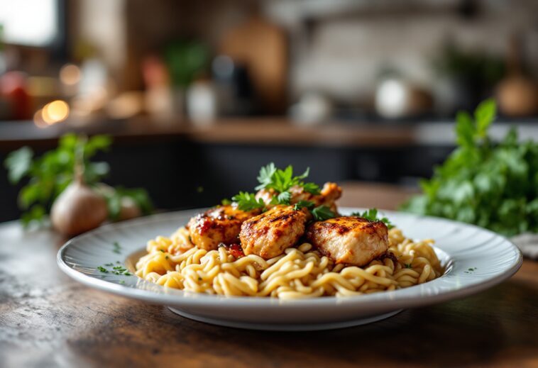 Pollo al ajillo servito con aglio e prezzemolo fresco