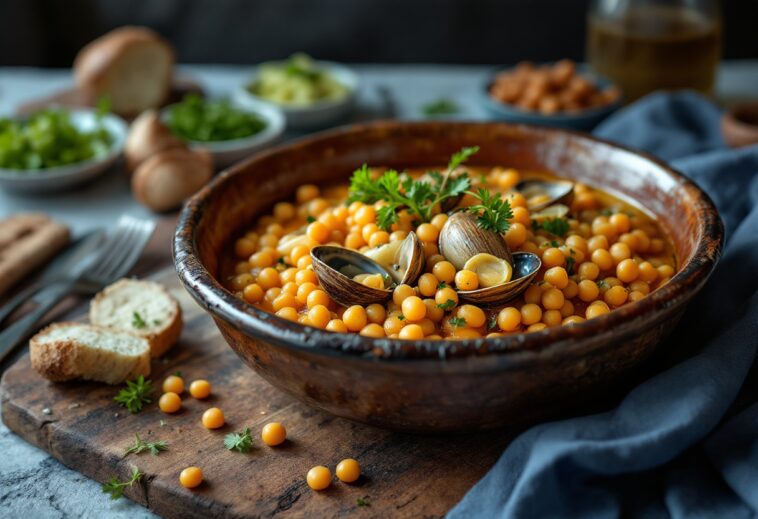 Puchero de garbanzos con pescado y mariscos frescos