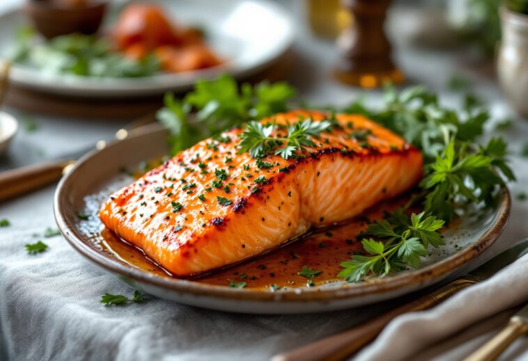 Salmone al forno con contorni freschi e colorati