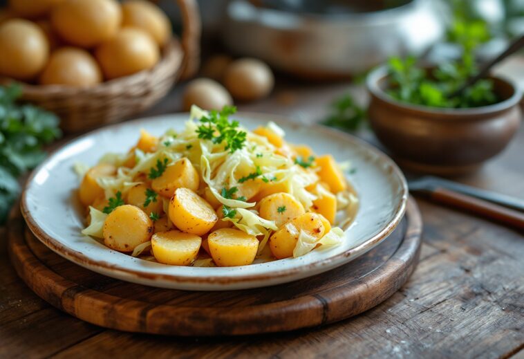 Piatto tradizionale catalano trinxat con patate e cavolo