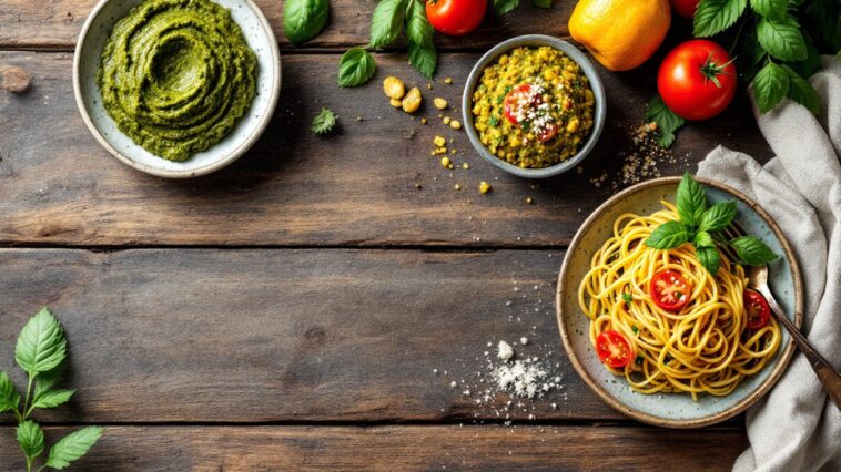 Diverse varianti di pesto pronte per essere servite