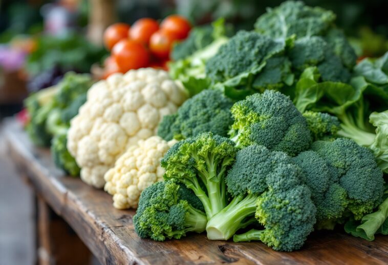 Variedad de crucíferas frescas en un mercado