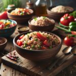 Tazón de arroz integral con verduras frescas y especias