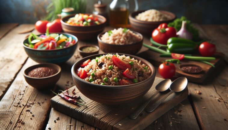 Tazón de arroz integral con verduras frescas y especias