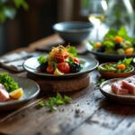 Atún fresco en un plato saludable con verduras