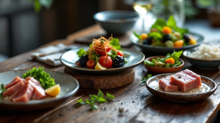 Atún fresco en un plato saludable con verduras