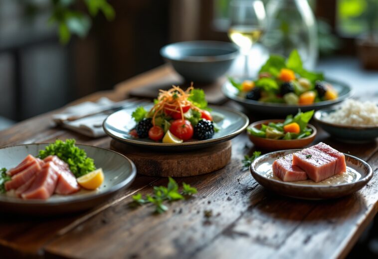 Atún fresco en un plato saludable con verduras