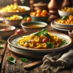 Pasta fresca con salsa e ingredienti colorati