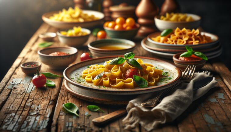 Pasta fresca con salsa e ingredienti colorati