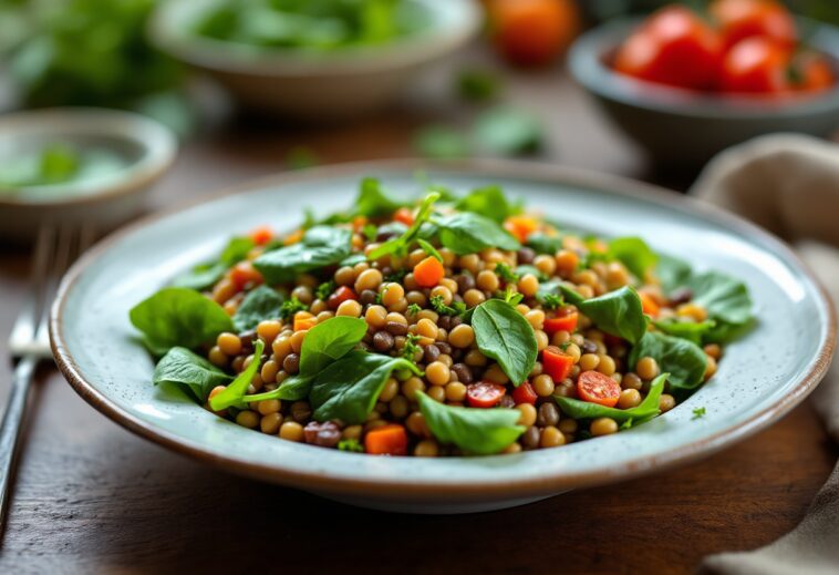 Ensalada colorata di lentejas con verdure fresche