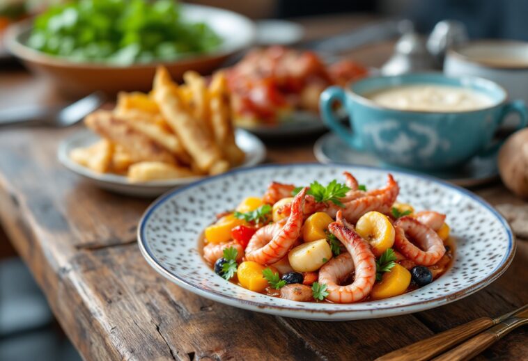 Plato típico de la gastronomía gallega con mariscos y empanada