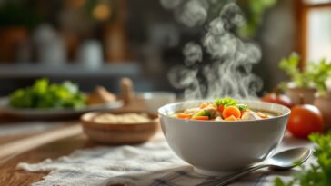 Caldo de pollo saludable para niños en un tazón