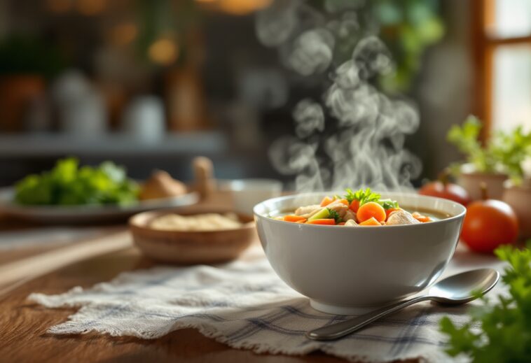 Caldo de pollo saludable para niños en un tazón