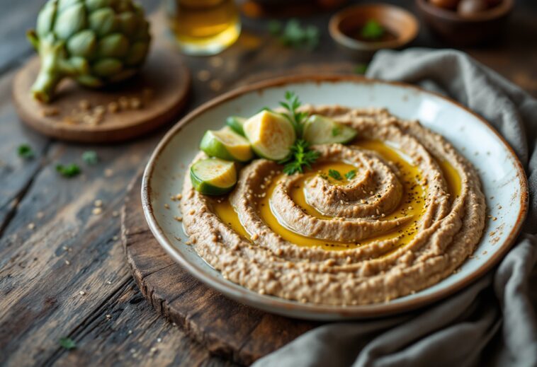 Hummus de lentejas con alcachofas fresco y colorato