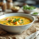 Tazza di mulligatawny con spezie e ingredienti freschi