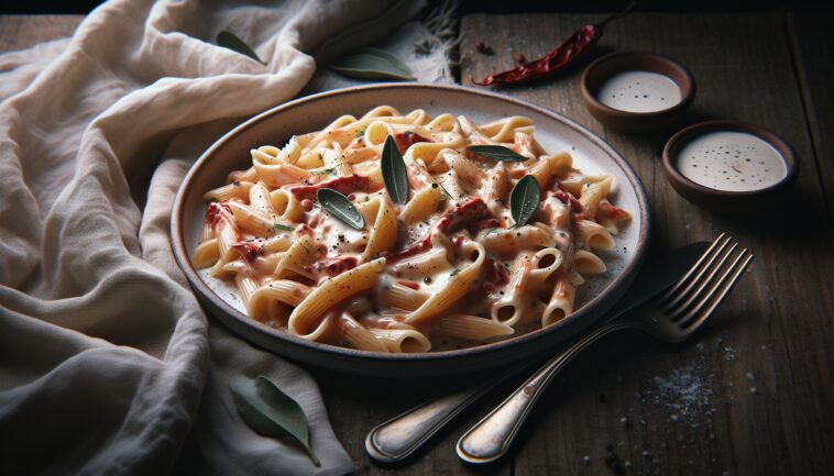 Pasta con salsa di vodka servita in un piatto elegante