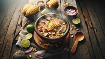 Tazón de pozole con ingredientes frescos y coloridos