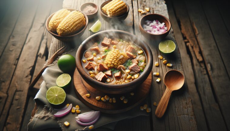 Tazón de pozole con ingredientes frescos y coloridos