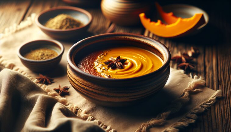 Una ciotola di sopa de calabaza calda e cremosa