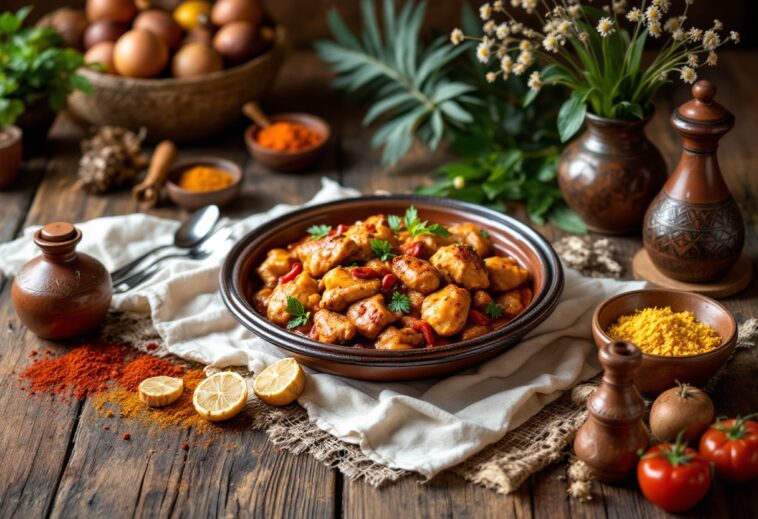 Tajine di pollo marroquí con spezie e verdure fresche