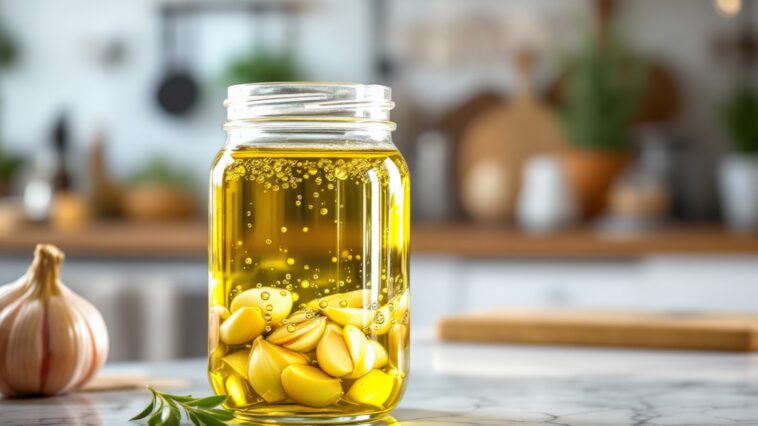 Preparación de aceite de ajo casero en una cocina