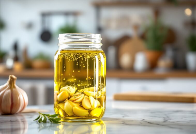 Preparación de aceite de ajo casero en una cocina