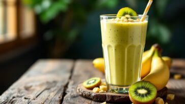 Batido de kiwi y plátano con avena en un vaso