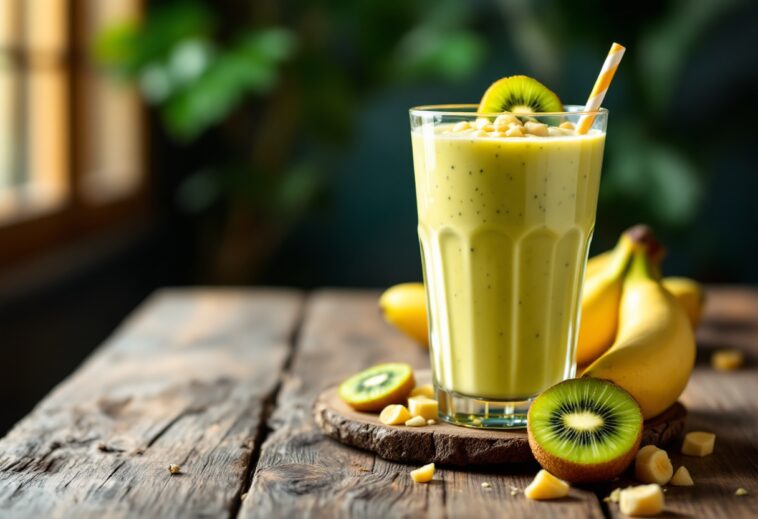 Batido de kiwi y plátano con avena en un vaso