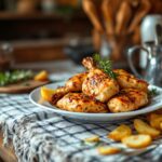 Costillas al forno servite con patate dorate