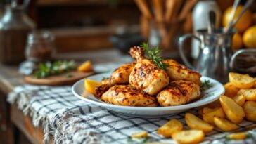 Costillas al forno servite con patate dorate