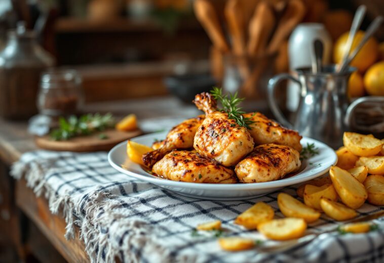 Costillas al forno servite con patate dorate