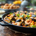 Una deliziosa paella valenciana con ingredienti freschi