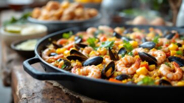 Una deliziosa paella valenciana con ingredienti freschi