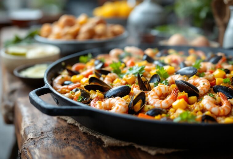 Una deliziosa paella valenciana con ingredienti freschi