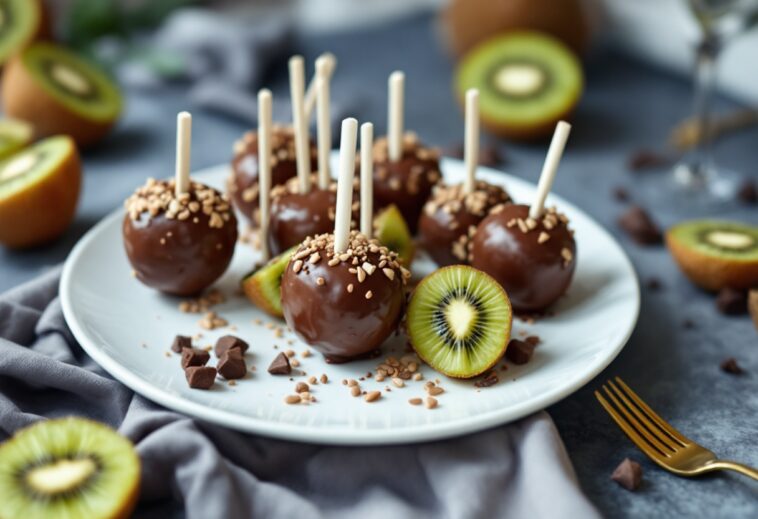 Piruletas de kiwi cubiertas de chocolate delicioso