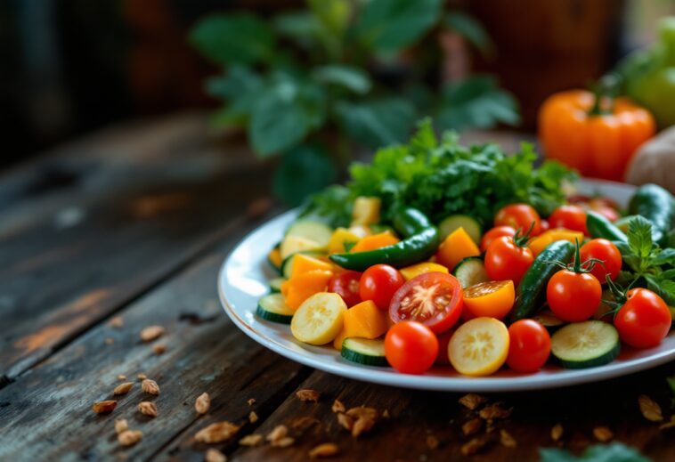 Delicioso pisto de verduras servido en un plato colorido