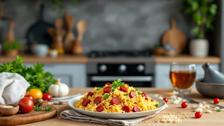 Piatto di arroz con chorizo pronto da servire