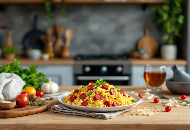 Piatto di arroz con chorizo pronto da servire