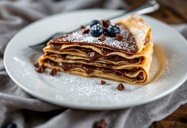 Tarta de crepes decorada con frutas y crema